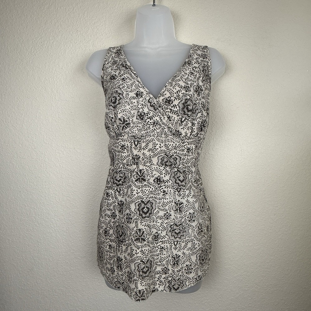 Kuhl Womens 100% Cotton Tan Floral Tank Top V-neck Smocked Back Gorpcore Granola